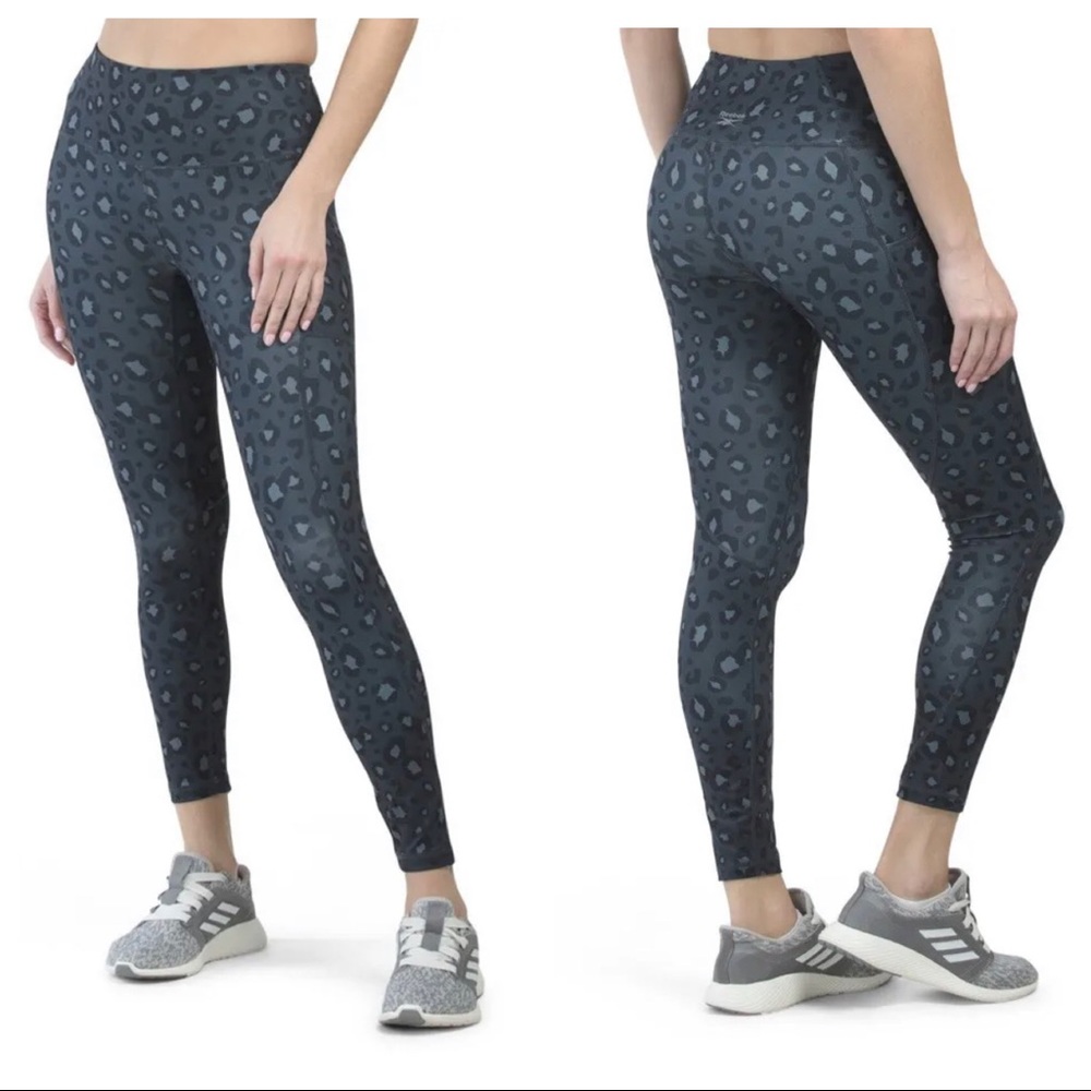 Reebok Precision 7/8 Contour Legging Gray Cheetah Print Side Tech Pockets XL EUC
